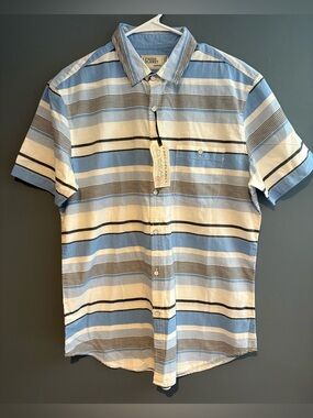 NWT Free Plant Large Short Sleeve Button Down Shirt Stripes Cotton Breathable